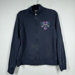 Vintage Y2K Harley Davidson Zip Up Jacket Black Bedazzled Embroidered Large